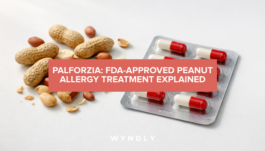 A photorealistic photograph of scattered peanuts alongside a medicine capsule packet on a clean white surface with soft natural lighting.