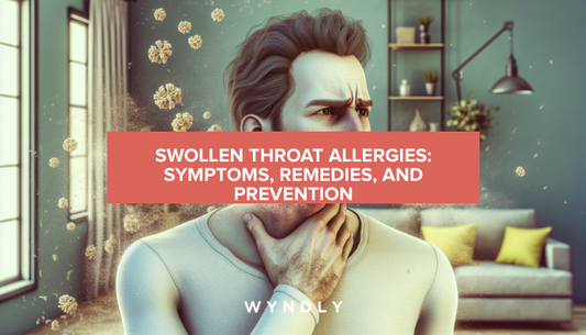 A beautiful, photorealistic, portrait photograph of an average american person holding their throat, with a concerned expression, standing next to a variety of common allergens like pollen and dust.