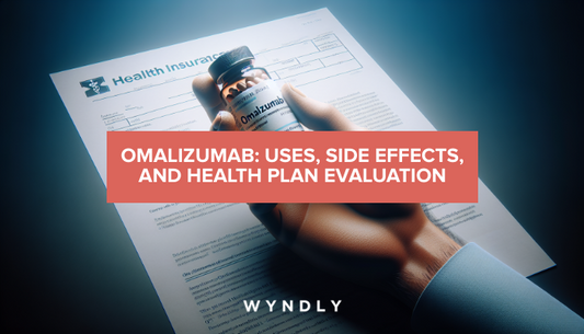 A beautiful, photorealistic, portrait photograph of a hand holding a pill bottle labeled "omalizumab" with a health plan document in the background.