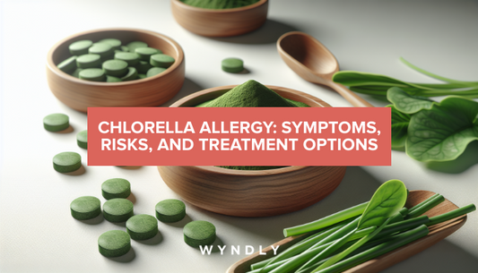 A photorealistic photograph of vibrant green chlorella powder in a small wooden bowl, with chlorella tablets scattered nearby on a clean white surface, soft natural lighting.