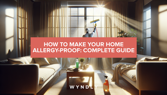 A beautiful, photorealistic photograph of an average american person cleaning a living room window with natural light streaming through.