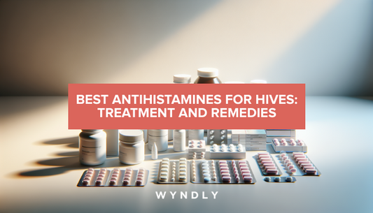 A photorealistic photograph of various antihistamine pill bottles and blister packs arranged neatly on a clean white surface with soft natural lighting.